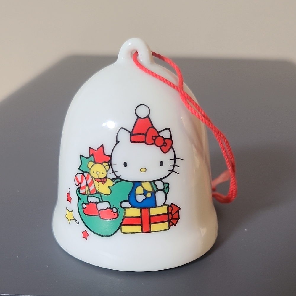 Mini Hello Kitty Christmas Bell Ornament 1976 Santa Kitty & Tree Vintage Sanrio